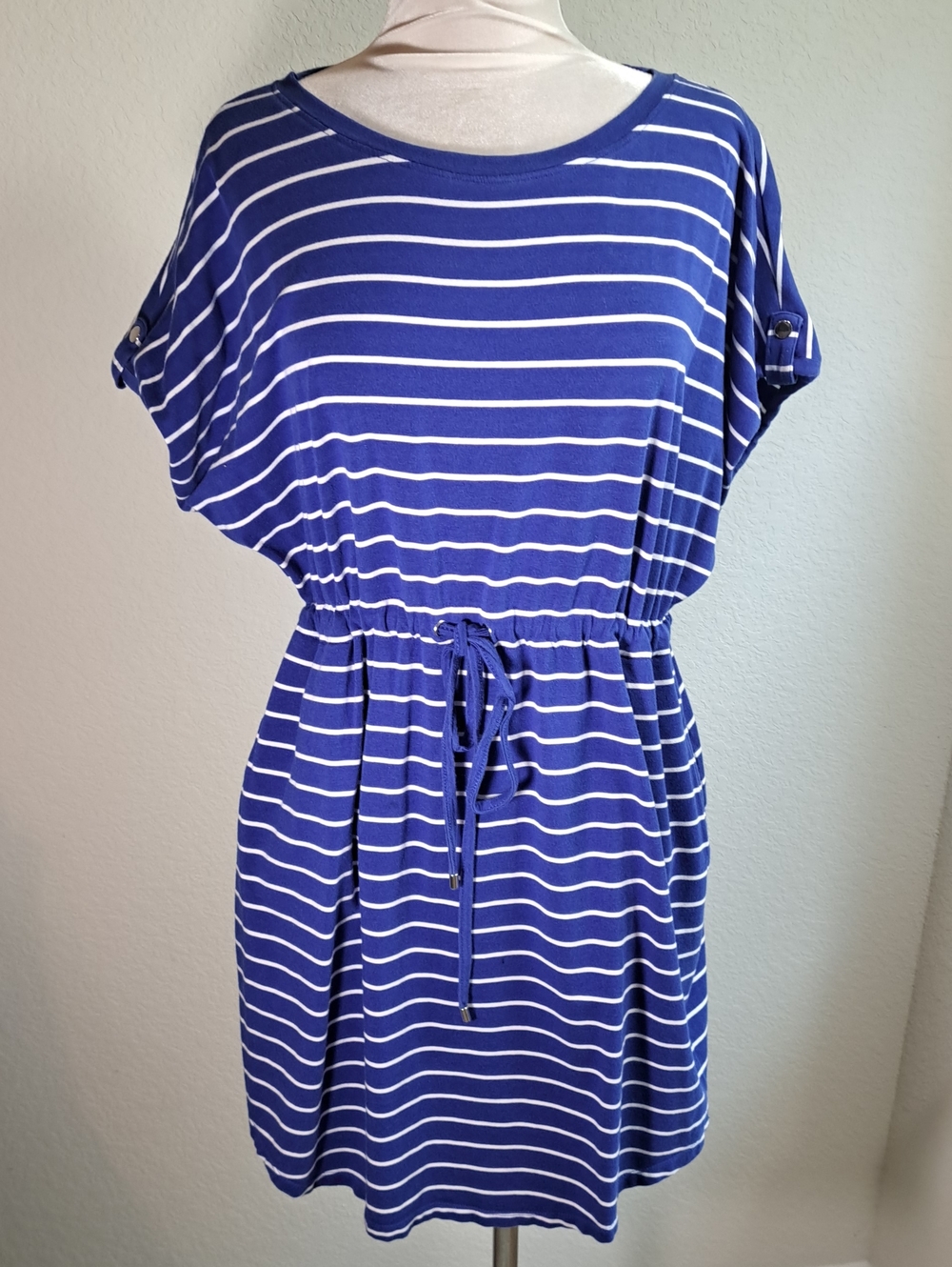 Rafaella Blue White Striped Drawstring Waist Mini Dress Scoop Neck Cap Sleeve XL